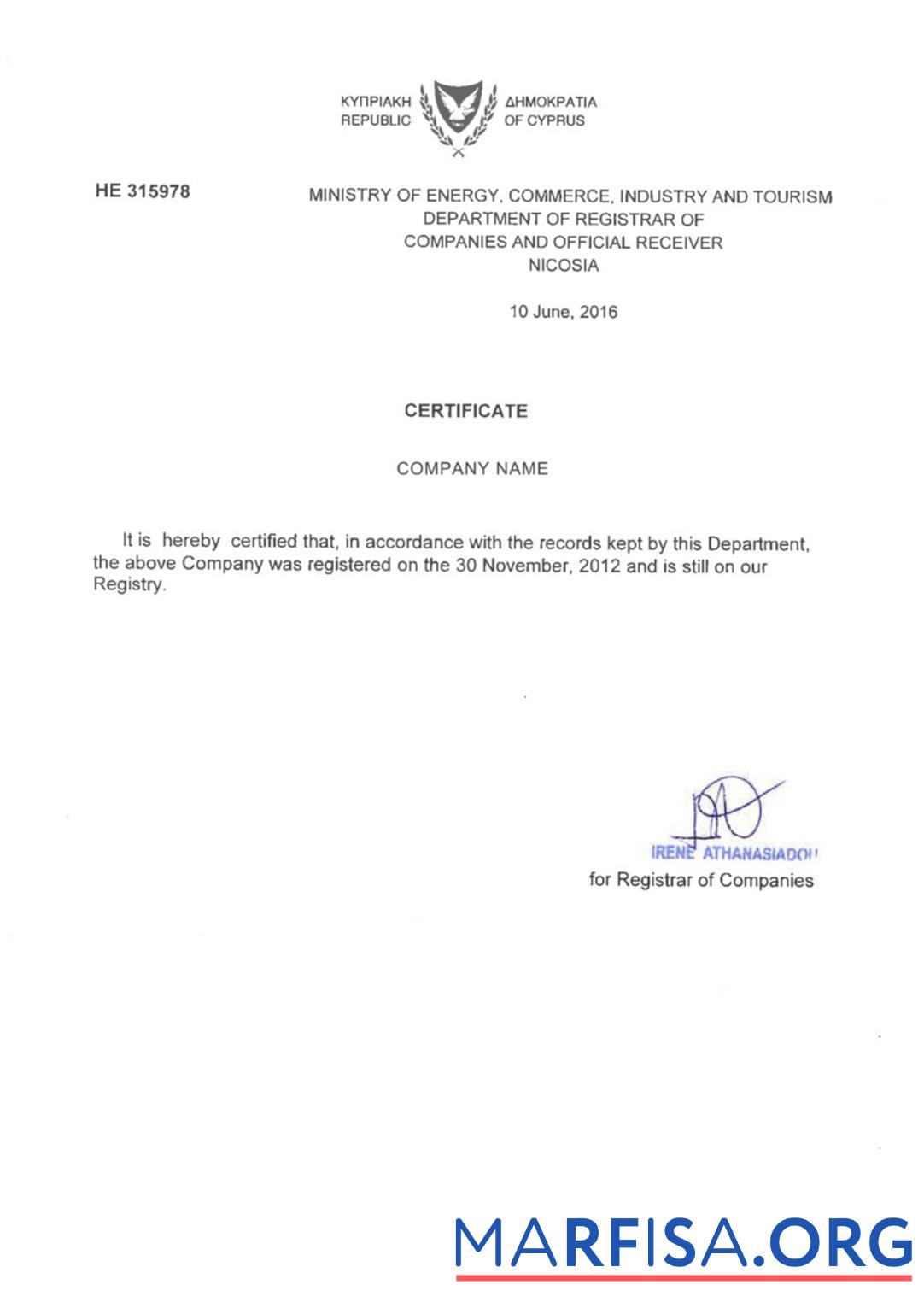 Realistic Cyprus Certificate of Registration example